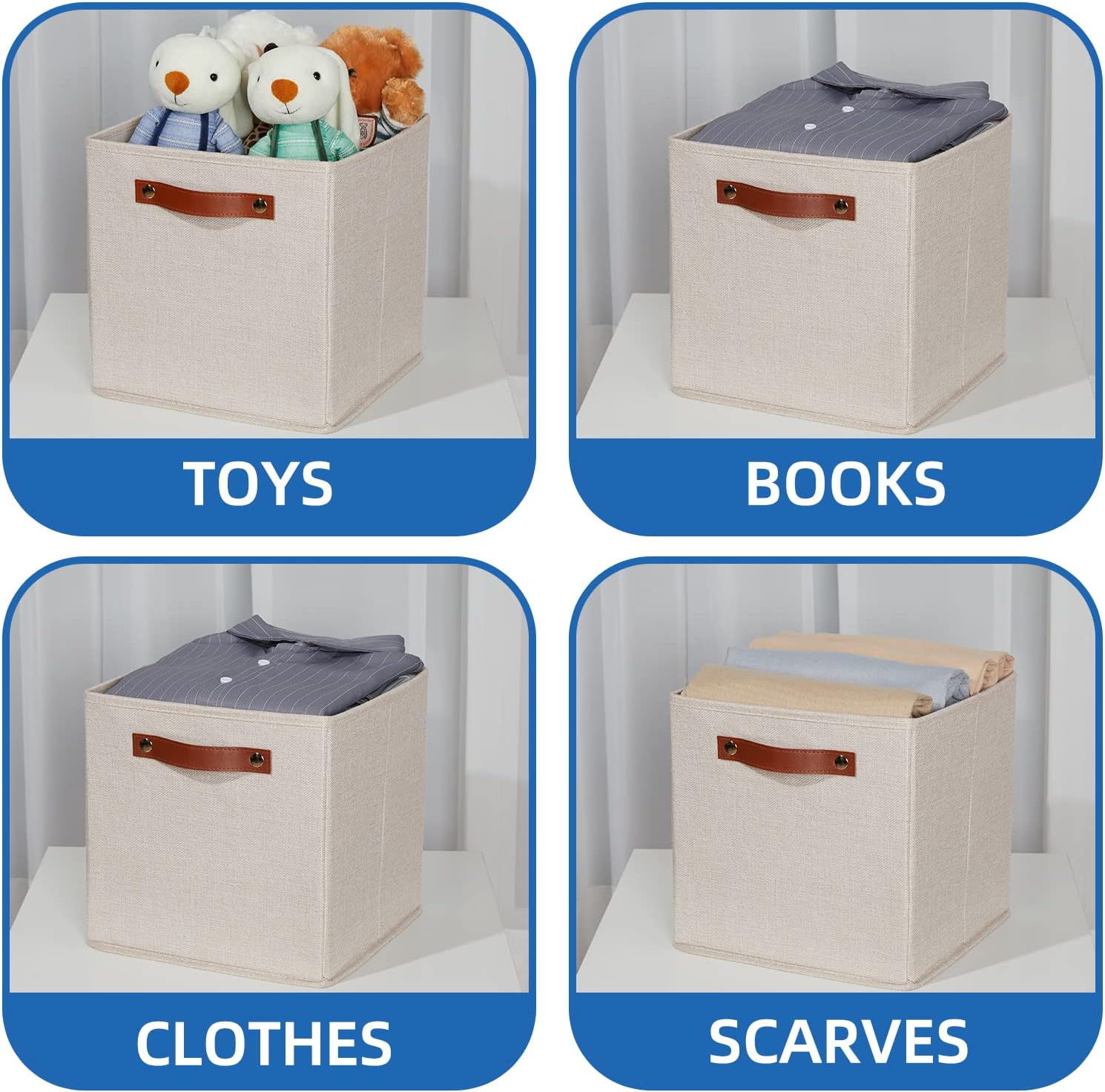 Temary 11x11 Storage Cubes Fabric Storage Cubes Storage Bins with Dual Leather Handles Canvas Storage Boxes for Organizing Home, Shelf, Closet (Beige, 11 x 11 x 11)