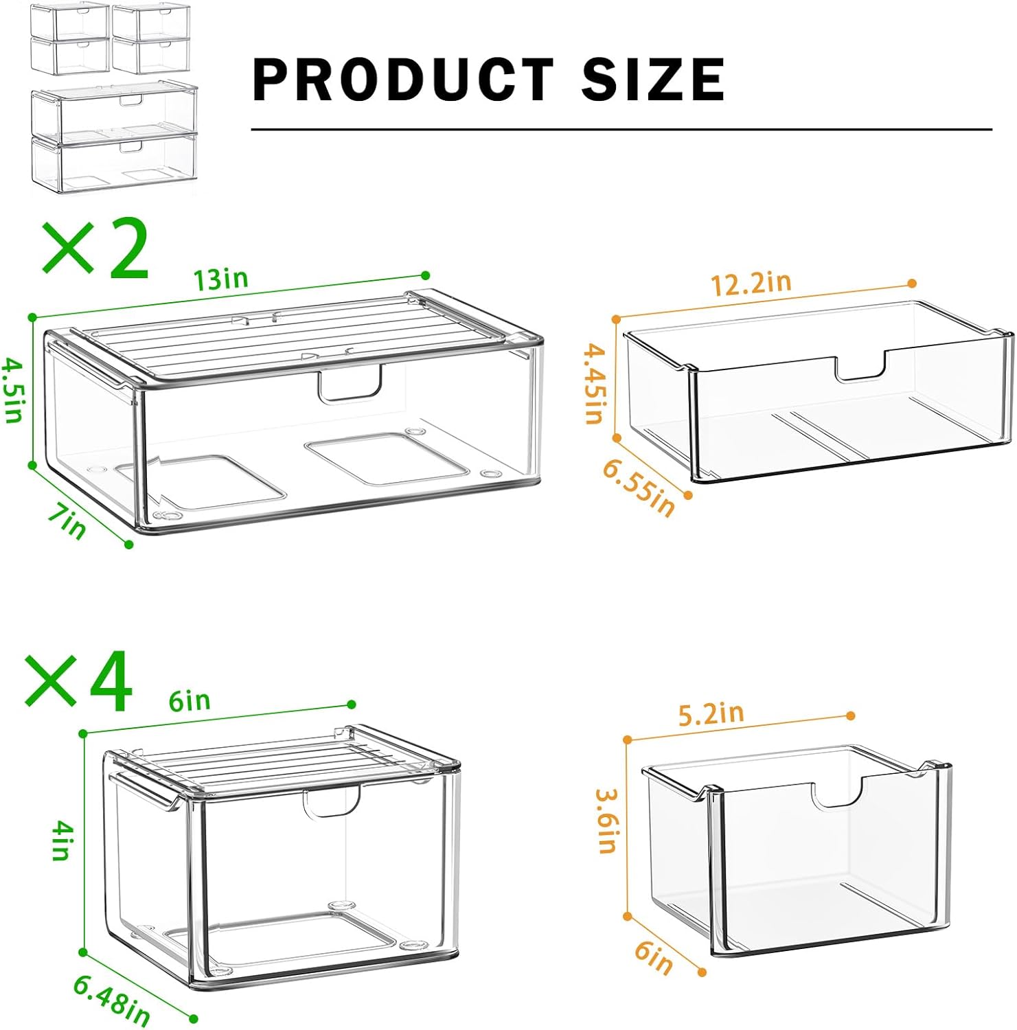 Acrylic Storage Drawers Set of 6, Clear Makeup Organizer, Plastic Organizer Bins for Beauty Supplies,Ideal for Vanity, Bathroom,Cabinet,Pantry Organization