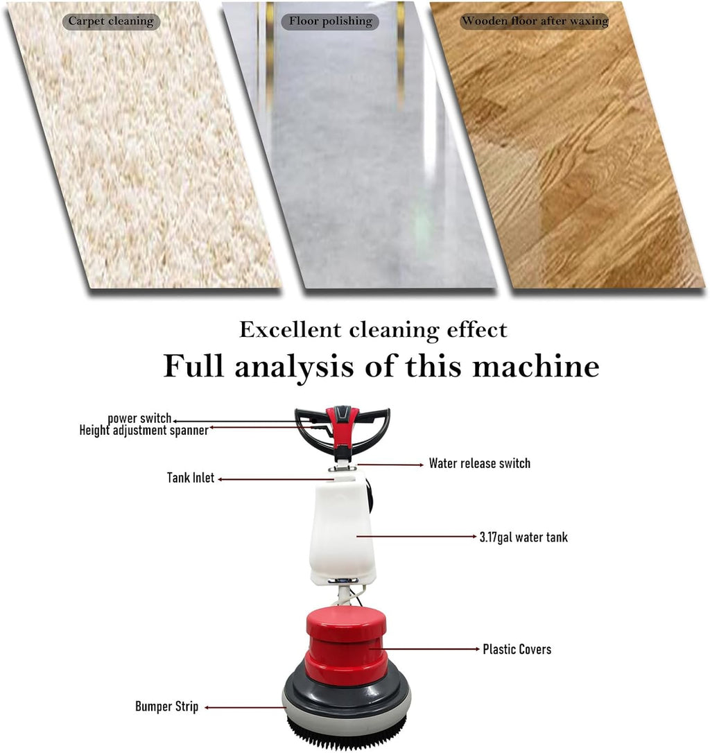 1100W Red Floor Polisher Commercial Floor Cleaner Polishing Machine Carpet Buffer Scrubber with 3gal Water Tank and 17" Base 154Rpm AC110V