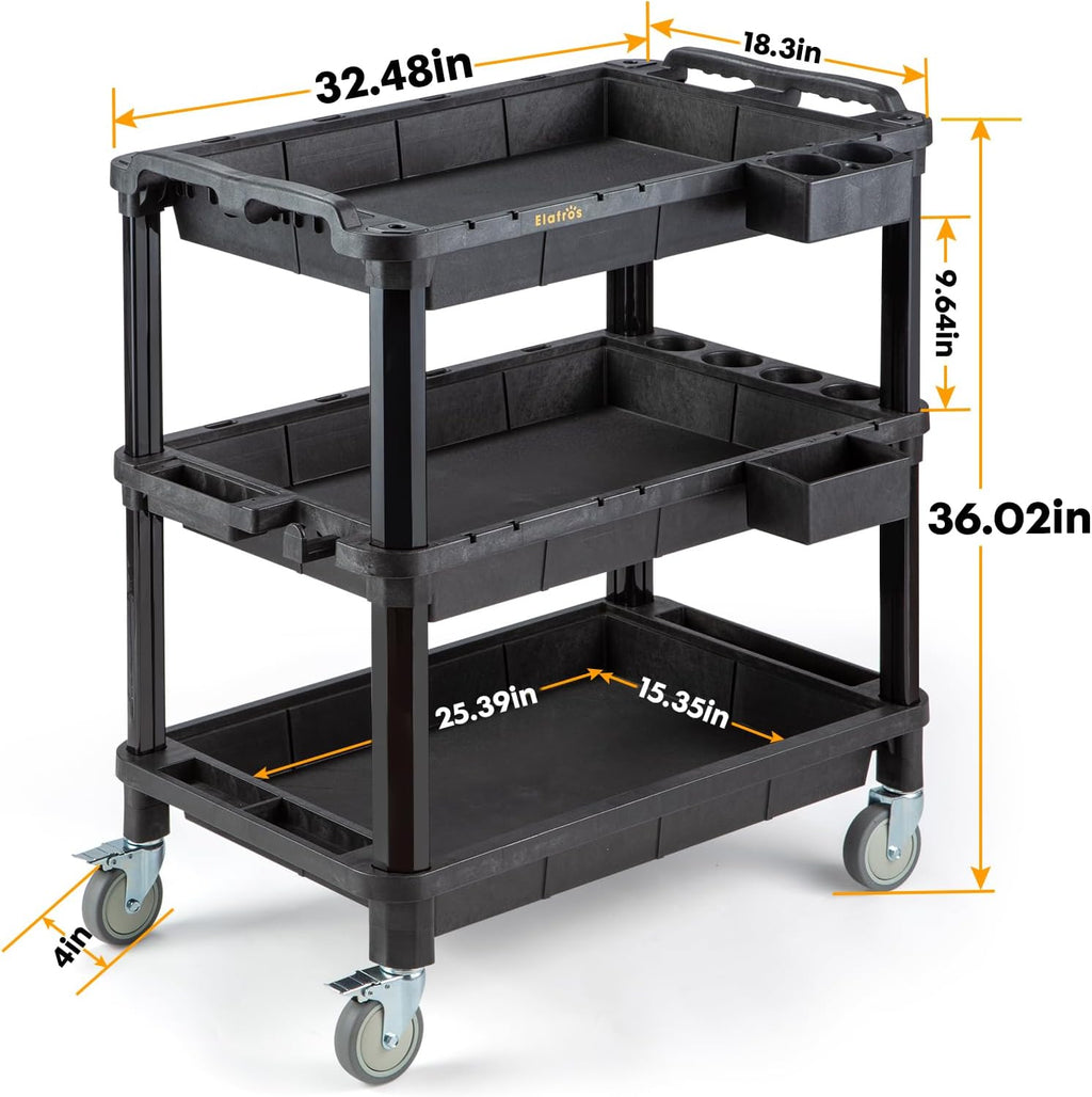 ELAFROS Multi-Use Utility Cart - 32.4x18.3 Heavy-Duty Service Cart with 3 Deep Shelves, Industrial-Grade Tool Cart Mobile Organizer, Rolling cart Holds up to 500 lbs, Black
