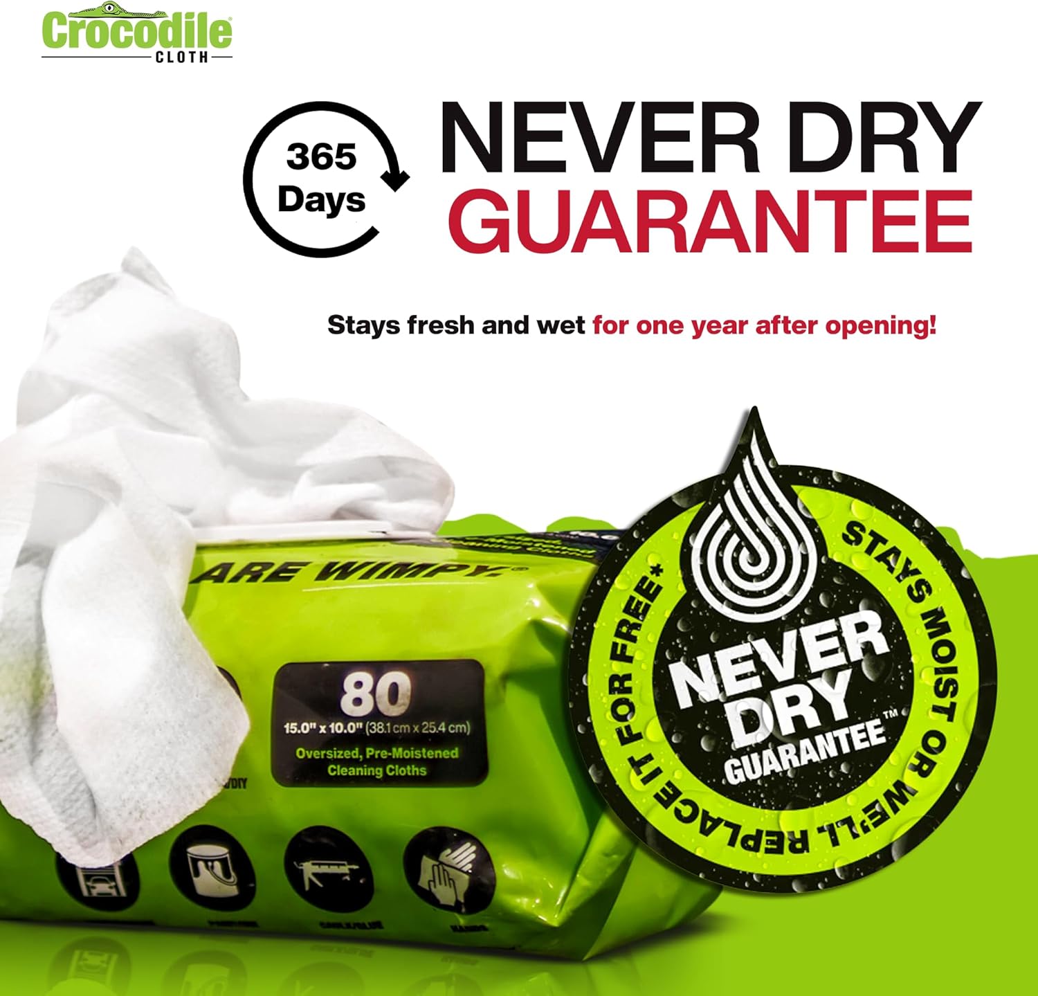 Crocodile Cloth PowerSCRUB Cleaning Wipes – 80 (15" x 10") Dual-Surface Cloths, Heavy-Duty, Moist, Absorbent, & Disposable - Safe on Skin & Multiple Surfaces