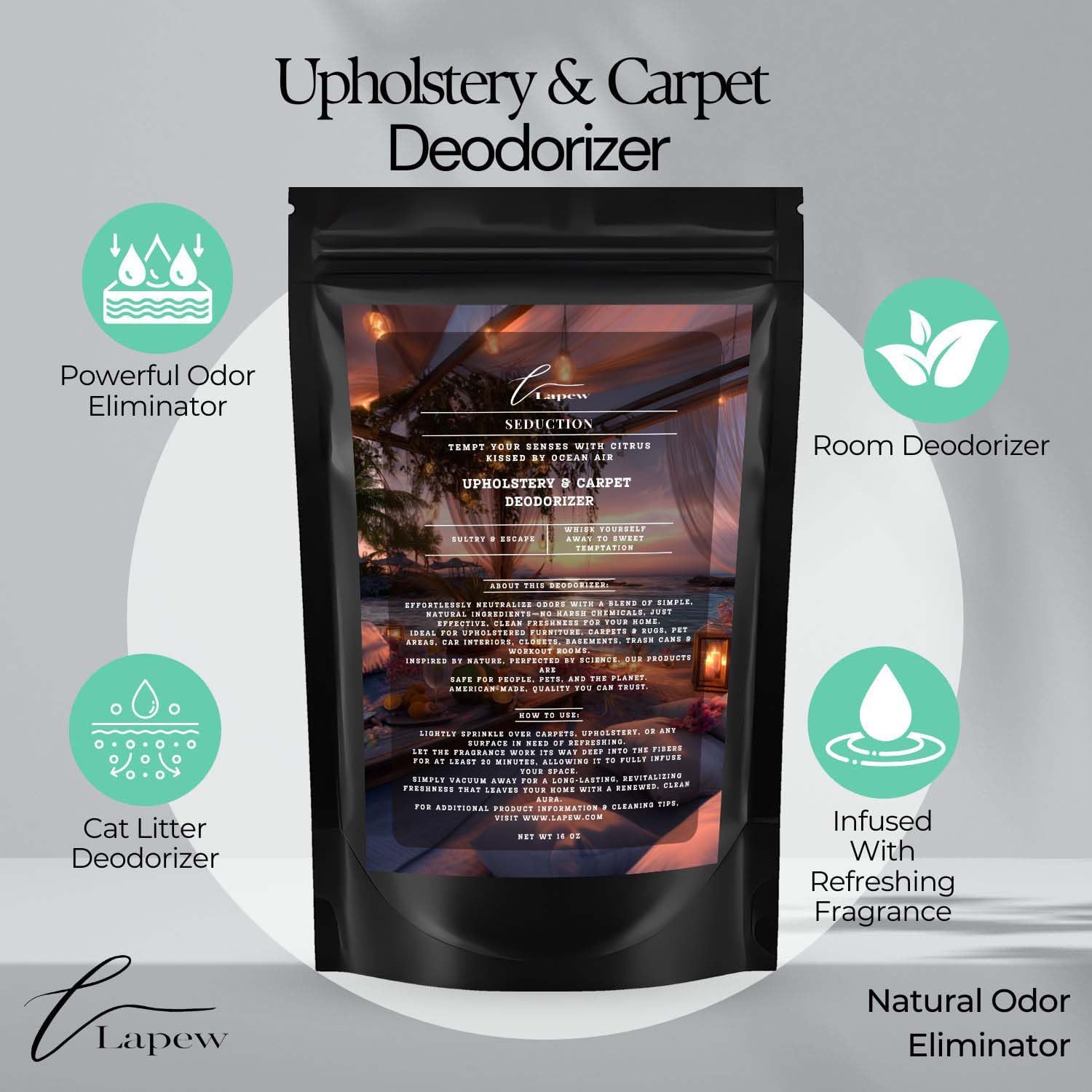 Seduction Carpet Freshener Powder: Powerful Odor Eliminator for Home, Upholstery Deodorizer, Carpet Deodorizer, Pet Urine, Cat Litter Box - Endless Weekend Fragrance