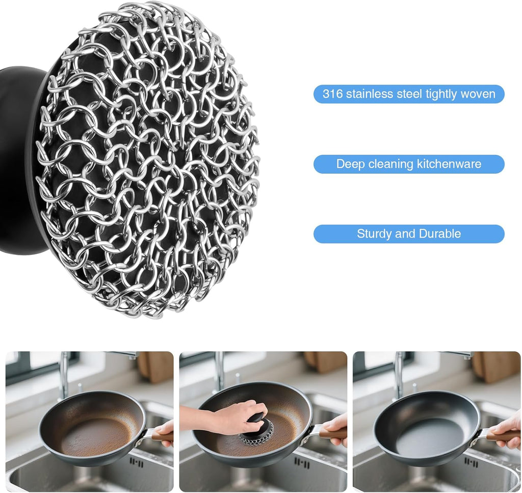 Cast Iron Scrubber Cleaner, Chainmail Scrubber for Cast Iron Pan Skillet, Dish Scouring Pad, Stainless Steel Brush/Scraper for Metal Skillet Scrubbing, Wok, Dutch Oven Cleaning Kit - Thick Mesh