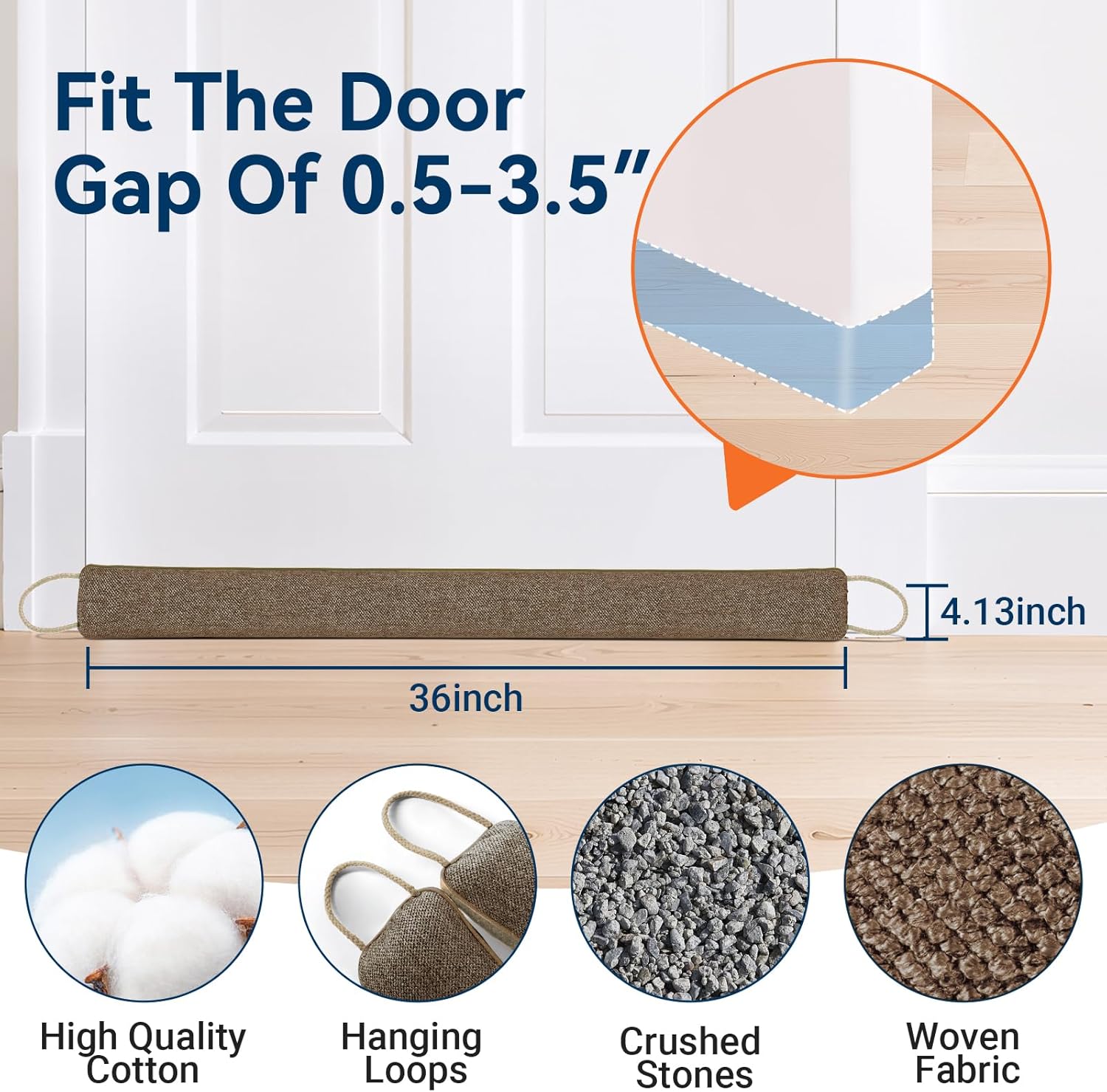 Door Draft Stopper for Bottom of Door, 36’’ Heavy Duty Under Door Draft Blocker Gap Filler, Door Seal for Noise Light Cold Air, with Adhesive Strips, Brown