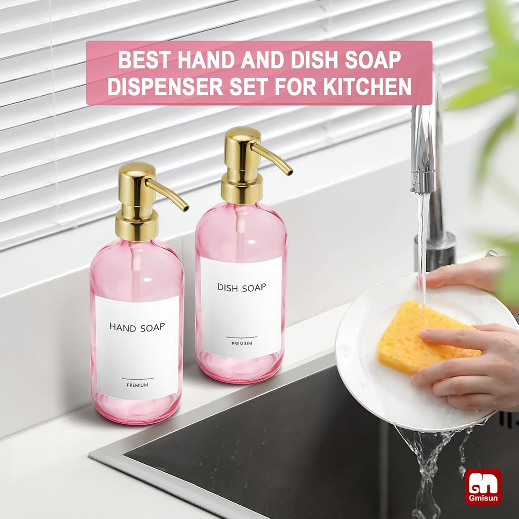 GMISUN Pink Soap Dispenser Bathroom, 2 Pack Kitchen Hand and Dish Soap Dispensers Set, 17 Fl Oz Pink Glass Soap Dispenser with Gold Pump, Refillable Modern Farmhouse Liquid Soap Pump Bottles