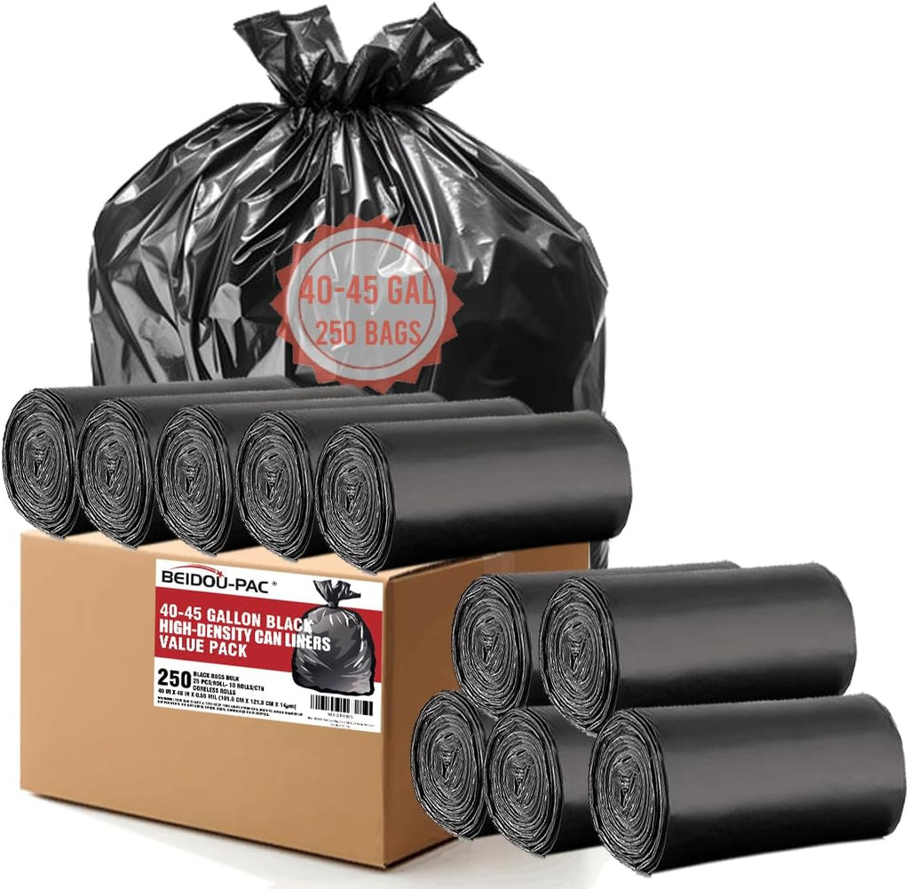 40-45 Gallon Lawn & Leaf Trash Bags, 250 Count Bulk, Black Garbage bags, Multi-purpose Trash Can Bin Liners for Home Commercial, Outdoor, Construction, Industrial
