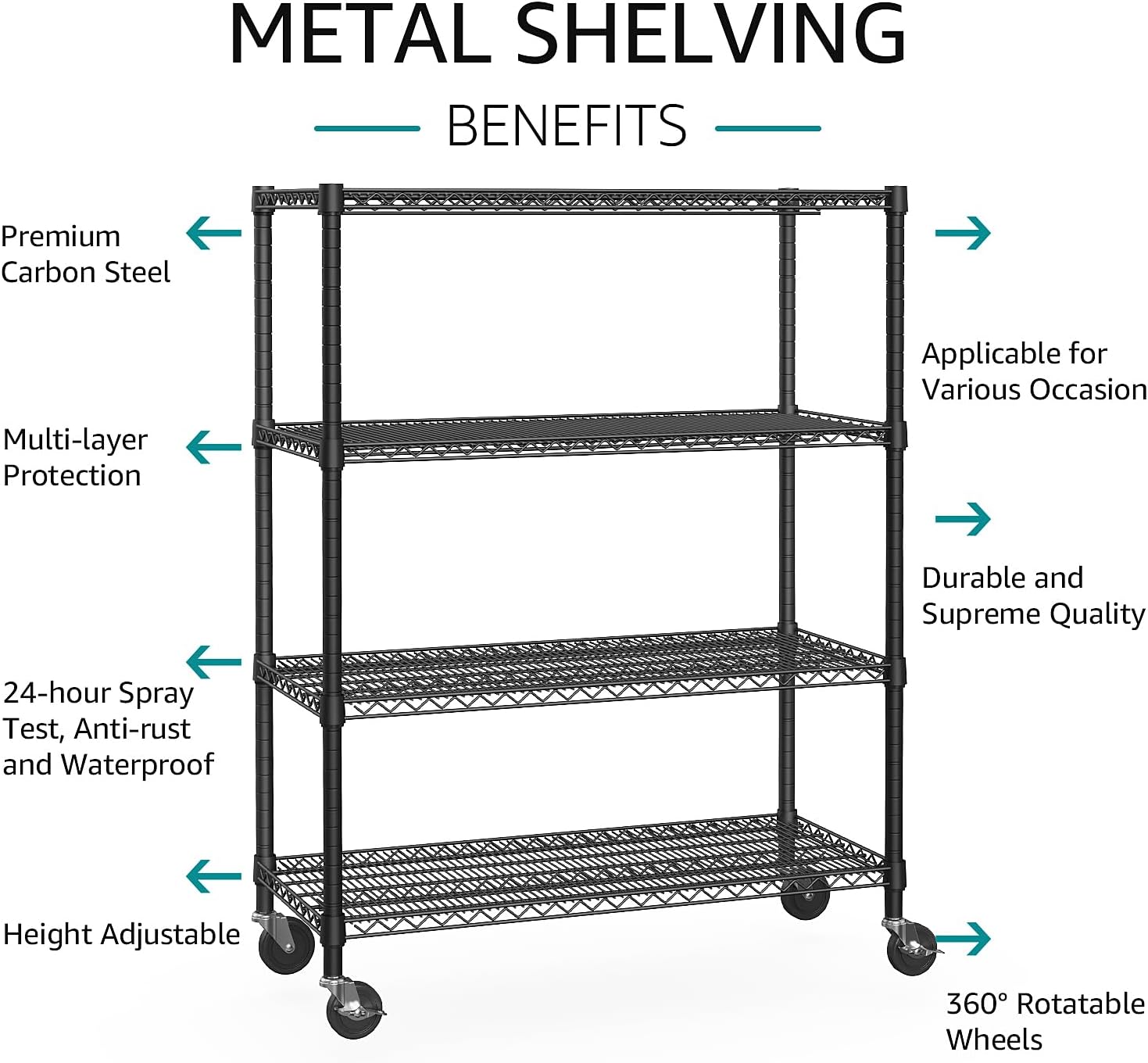 IZEUK Garage Shelving Wide Storage Shelves 4 Tier Metal Shelves 3200 LBS Heavy Duty Adjustable Utility Shelf Rack Black 23.6" D x 53.1" W x 73.6" H