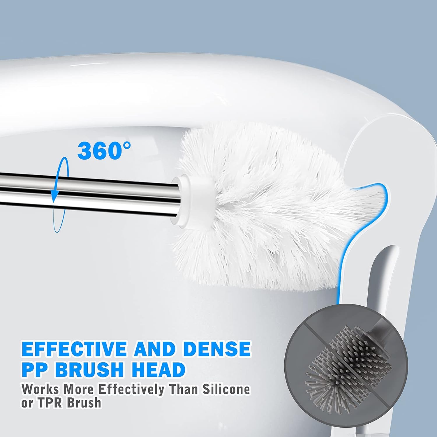 Toilet Brush and Holder, Toilet Brush with 304 Stainless Steel Long Handle, Toilet Bowl Brush for Bathroom Toilet-Elegant-Cleaning-Bristles(White)