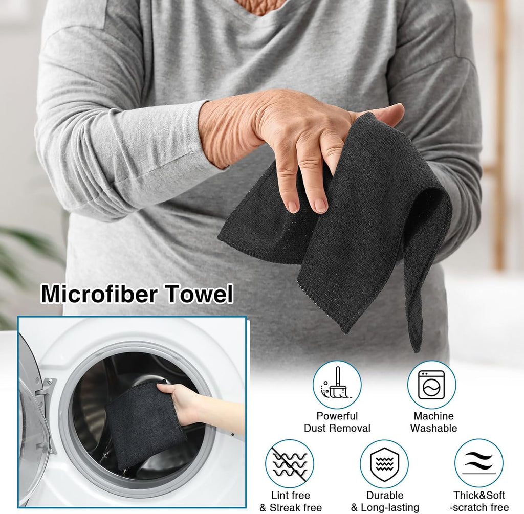 200 Pieces Microfiber Cleaning Cloths Bulk Absorbent Microfiber Towels Reusable Lint-Free Streak Free Wash Rags for House Kitchen Office Restaurants Bar Shop Car, 12 x 12 Inches (Black)
