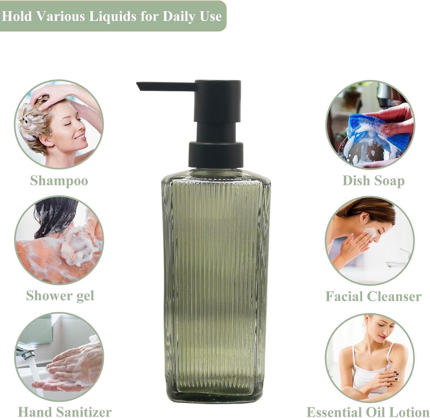 Green Glass Soap Dispenser with Black Pump, 12oz Refillable Liquid Hand Dispenser, Lotion Dish Soap Dispenser for Modern Home Decor, Bathroom, Kitchen Countertop, Hotel