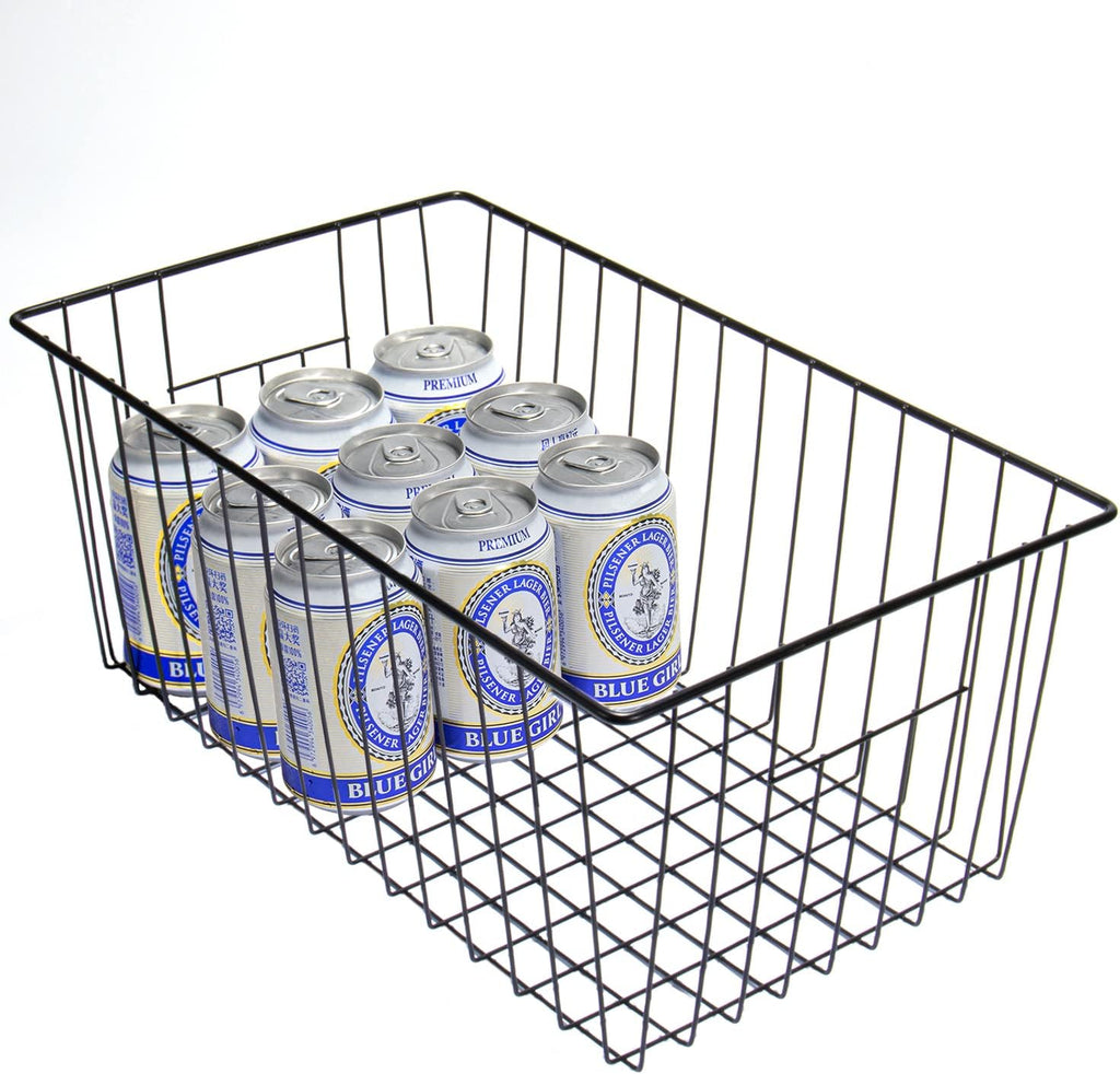 16" L x 12" W Wider Freezer Storage Organizer Baskets Container, Deep Metal Wire Chest Upright Refrigerator Divider Bins with Built-in Handles for Cabinet, Pantry, Kitchen, Black