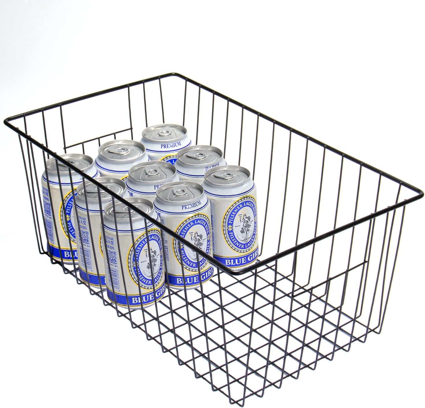 16" L x 12" W Wider Freezer Storage Organizer Baskets Container, Deep Metal Wire Chest Upright Refrigerator Divider with Built-in Handles for Cabinet, Pantry, Closet, Kitchen, Black