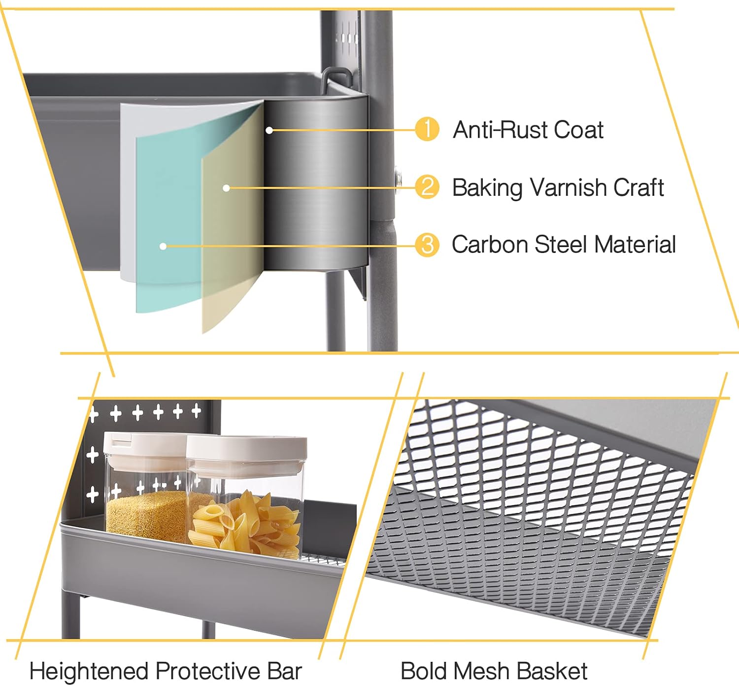 TOOLF 3-Tier Rolling Cart, Metal Utility Storage Cart with DIY Pegboards, Art Craft Trolley with Baskets Hooks, Serving Organizer Easy Assemble for Office, Home, Kitchen, Classroom (Grey)