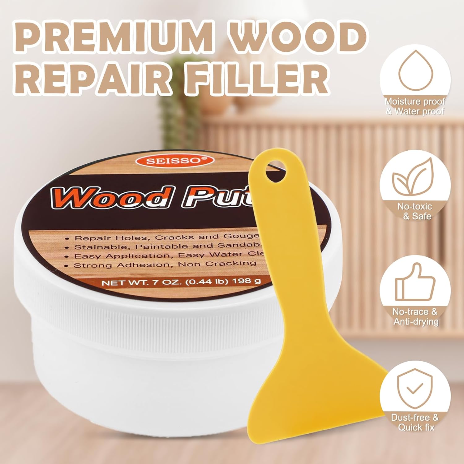 SEISSO Wood Putty, White Oak Wood Filler Paintable, Wood Putty Outdoor Waterproof, Wood Repair Putty Stainable, Wood Furniture Repair kit - Restore Wooden Table, Cabinet, Floors, Door