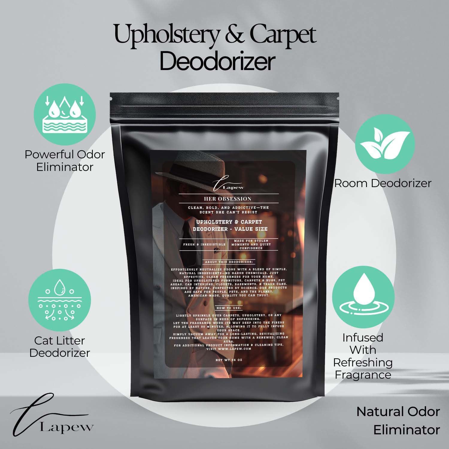 Her Obsession Carpet Freshener Powder Refill 36 oz | Powerful Odor Eliminator for Home | Upholstery Deodorizer | Carpet Deodorizer | Pet Urine | Cat Litter Box