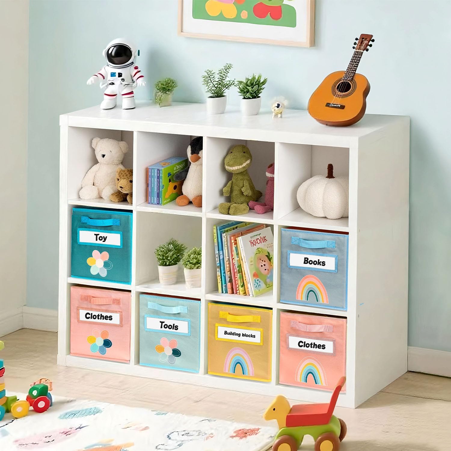 Cube Storage Bins, 6 Pack 11 Inch Fabric Storage Bins with Handle and Label Window, Foldable Storage Cubes, Colorful Fabric Bins for Kids Room, Classroom Organization and Storage, Clothes, Toys