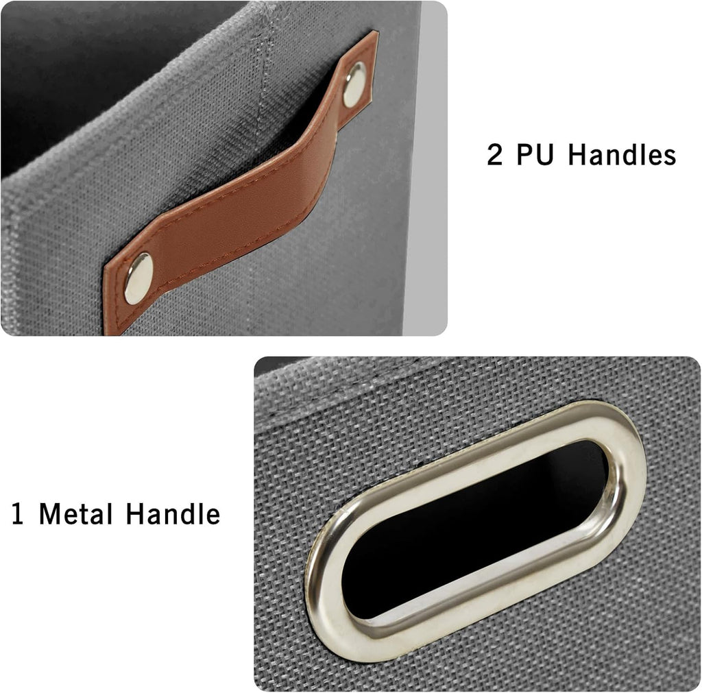 3-Pack Foldable Fabric Storage Bins with Durable PU & Metal Handles, Collapsible Storage Baskets for Shelves, Home Storage, Closet Organizers, Living Room(17"x11.8"x11.8", Grey)