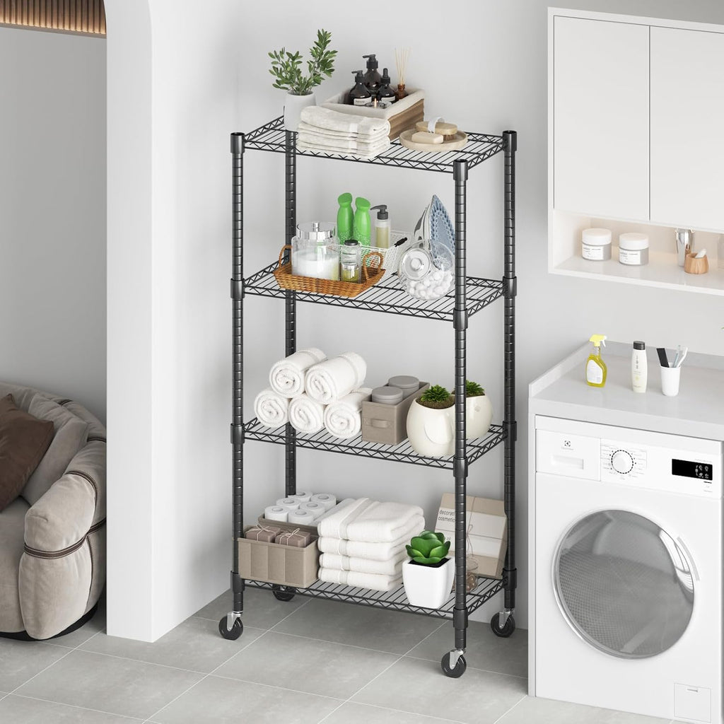 Himimi 72" H Wire Shelving Unit Storage, Metal Storage Shelves with Wheels, Heavy Duty Shelves with 4-Tier Adjustable Layer Rack Strong Steel for Kitchen Pantry Basement, 14" D×30" W×72" H, Black