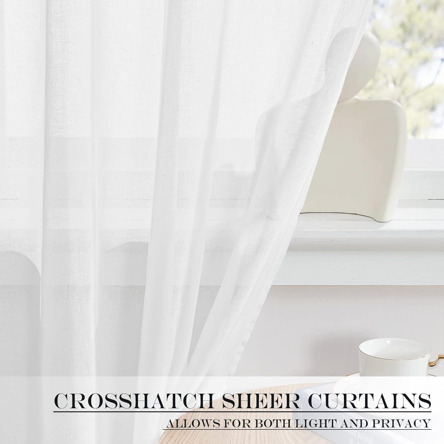 NICETOWN Sheer Door Curtain for Windows, Light Filgtering French Door Curtain Self Adhesive Window Blind for Patio Sidelight Cover Tie Up Shade, W26 x L50 in, 1 Panel, Pure White