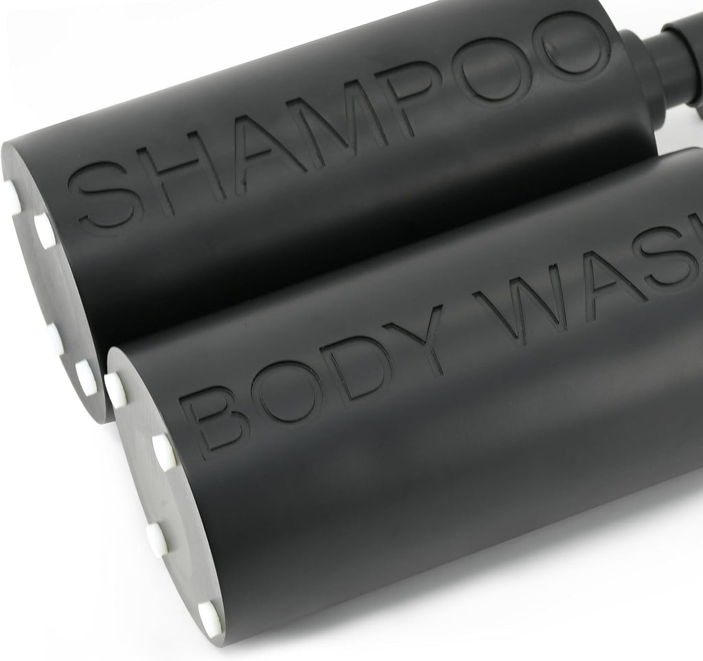 Matte Black Resin 2 Piece Shampoo and Body Wash Dispenser Set, Luxurious Refillable Pump Bottles with Matte Pump Top and Embossed Text, Durable Design for Bathroom and Shower