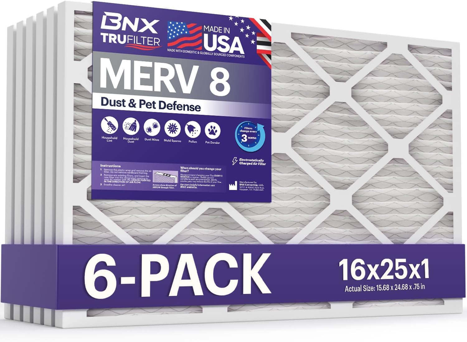 BNX TruFilter 16x25x1 Air Filter MERV 8 (6-Pack) - MADE IN USA – Dust & Pet Defense Electrostatic Pleated Air Conditioner HVAC AC Furnace Filters for Dust, Pet, Mold, Pollen MPR 600 – 700 & FPR 5