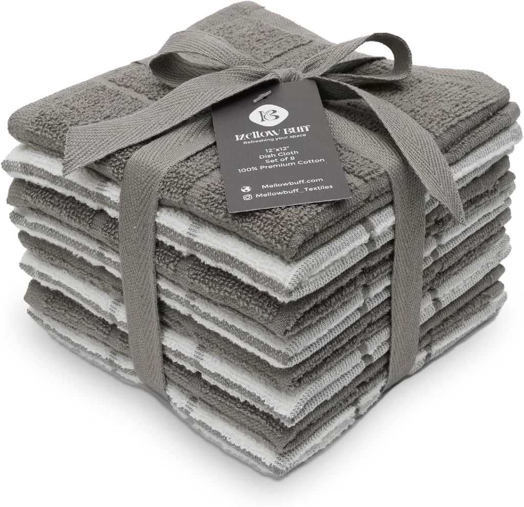 100% Cotton Terry Dish Cloth & Dish Towel, 6 Pack, Super Soft and Absorbent Kitchen Towels, Perfect for Kitchen Cleaning and Dish Washing (Grey (Solid and Checks) 8 Pack)