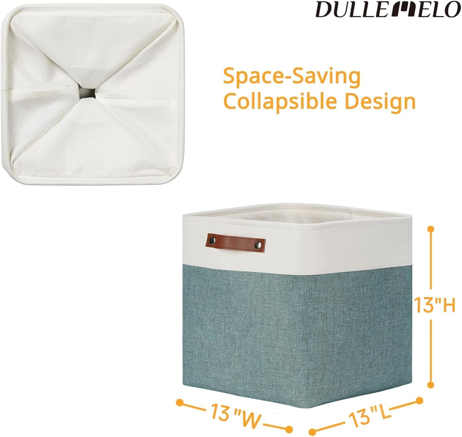 DULLEMELO Storage Bins, 4 Pack Of 13x13x13 Decorative Storage Cube Bins Suit Office, Home, Shelves And Closet, Stackale Gift Baskets Empty with Leather handle (White&Deep Green)