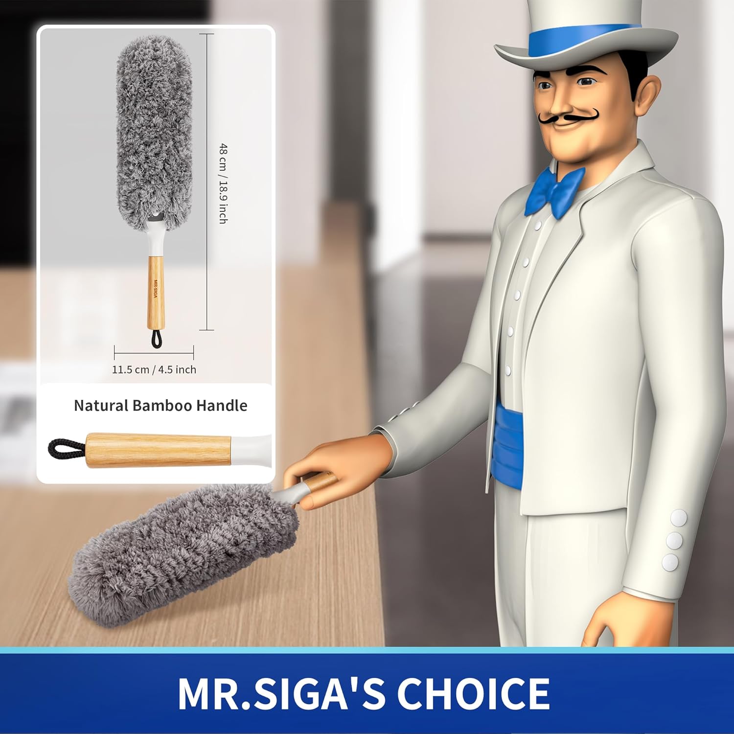 MR.SIGA Lint Free Microfiber Duster, Washable and Reusable Duster with Bamboo Handle and Replaceable Head, Duster for Household Cleaning