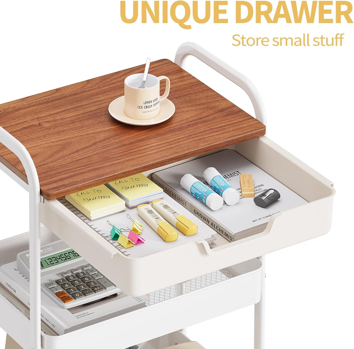 TOOLF 3-Tier Metal Utility Rolling Cart with Drawer & Wooden Table Top, Storage Cart White Trolley Kitchen Organizer Rolling Desk with Locking Wheels for Office, Classroom, Dorm, Bedroom