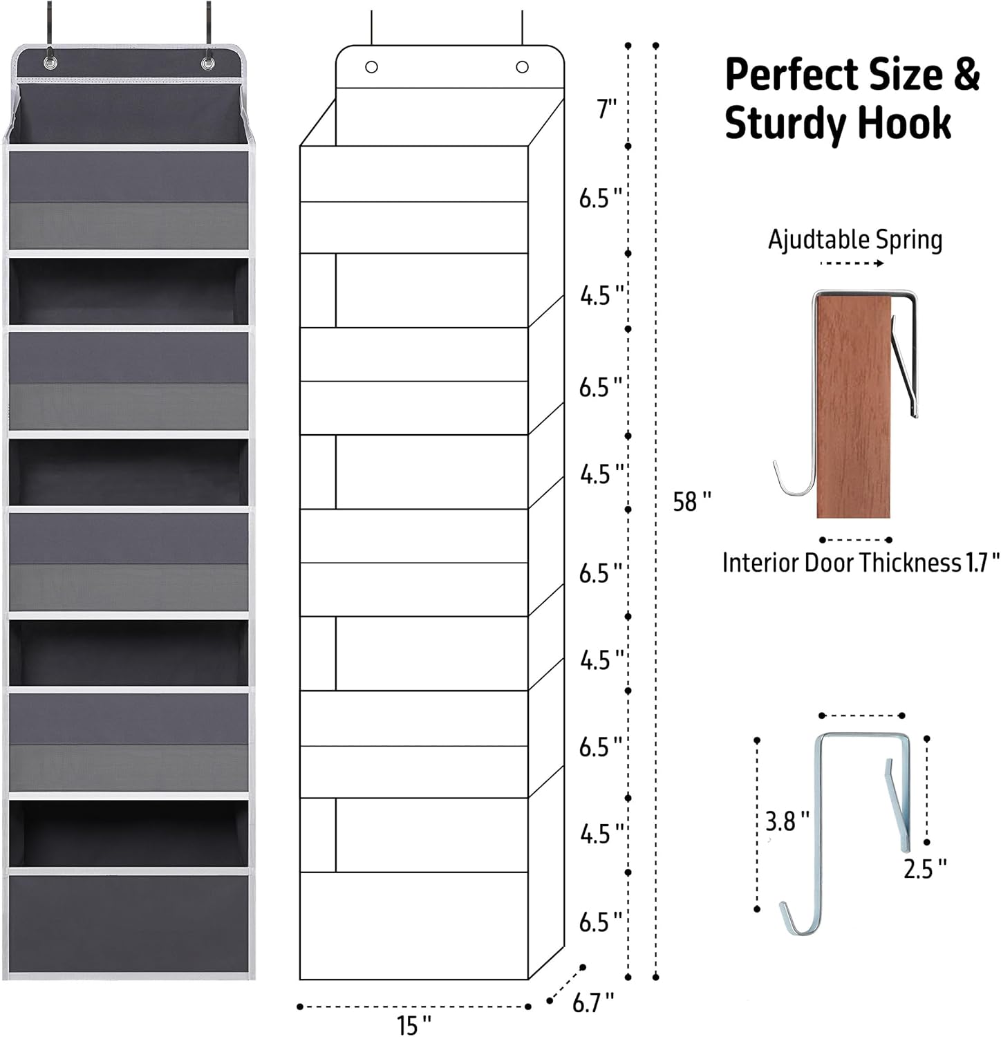 Over Door Organizer with 5 Large Pockets, Heavy Duty Hanging Organizer Storage, Closet Bathroom Nursery Bedroom Dorm, Toys Cosmetics Sundries and Baby Essentials, Gray