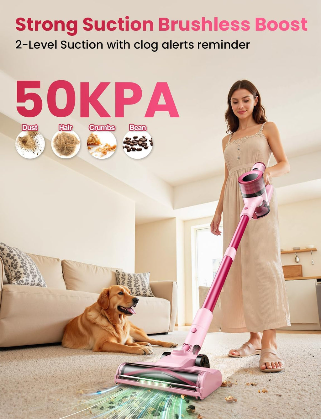 Dzaki Cordless Vacuum Cleaner, Stick Vacuum with Smart LED Display, 50KPA 55Mins Vacuum Cleaners for Home, Powerful Suction, Anti-Tangled Lightweight Rechargeable Vac for Pet Hair, Carpet, Hard Floor