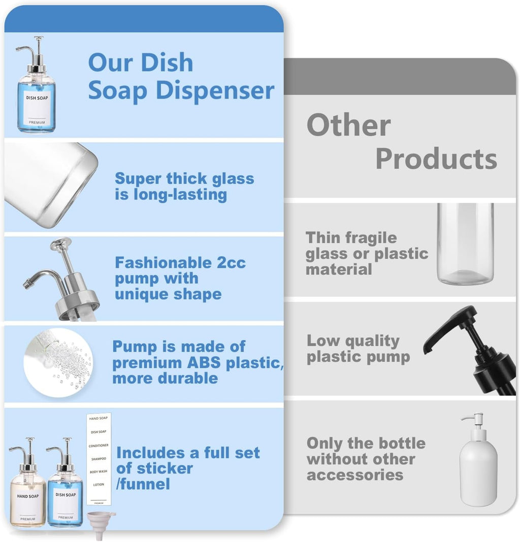 12oz Dish Soap Dispenser for Kitchen, Hand Glass Soap Dispenser Set with Pump, Tray, Funnel for Bathroom, Shower, Laundry, Liquid, Lotion (Silver 2 Pack Clear Bottles with 12 Stickers)