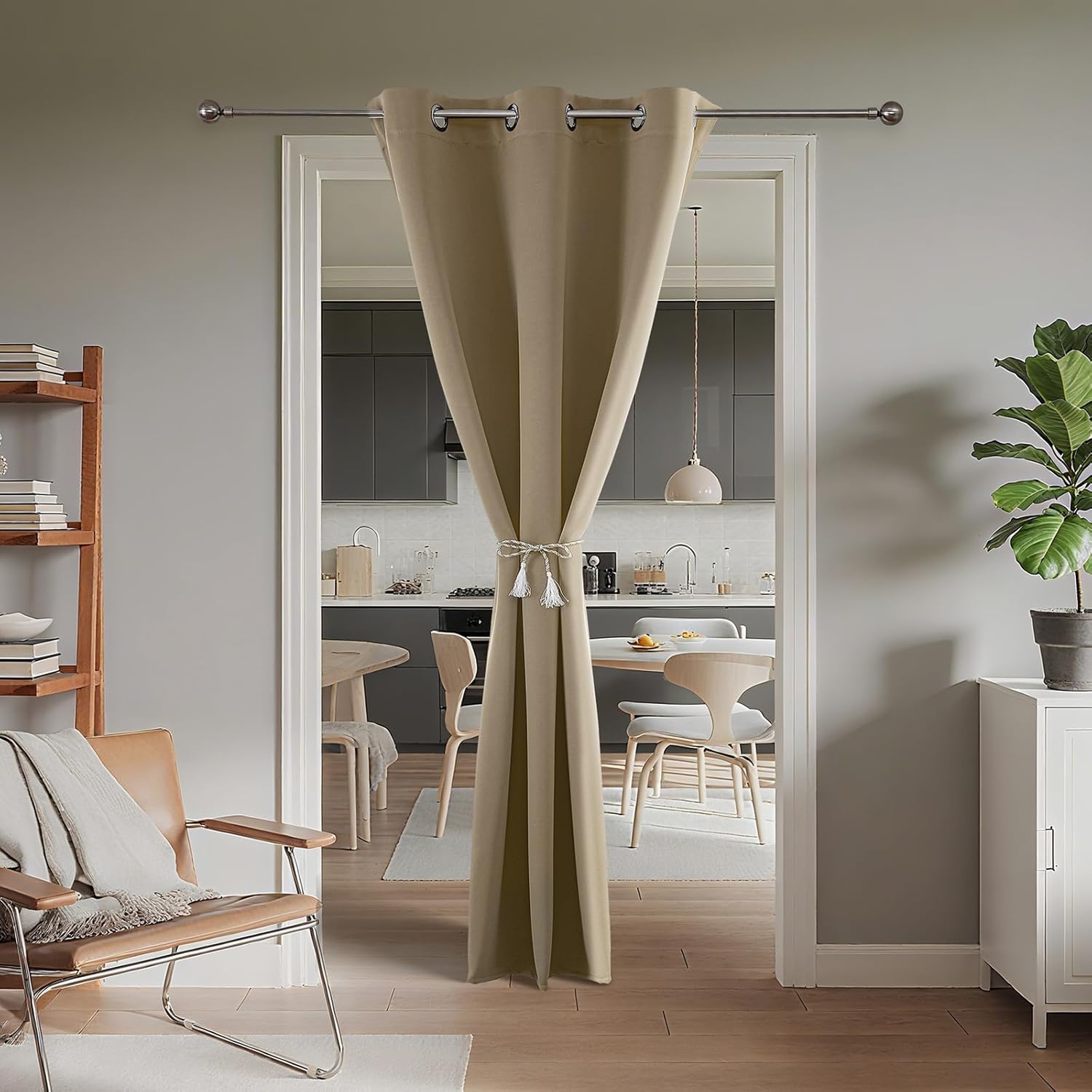 Joydeco Blackout Door Curtain for Doorway Privacy 96 Inches Long, Grommet Closet Curtain for Open Closet, Room Divider for Bedroom Living Room (Light Beige, 52Wx96L, 1 Panel)