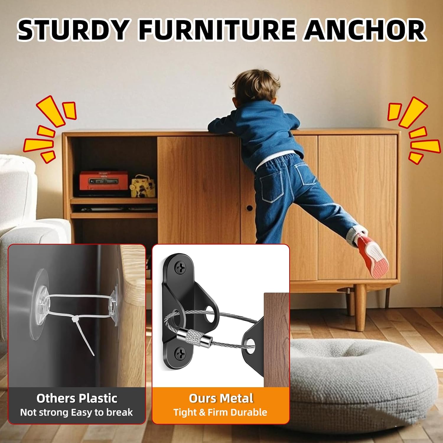 10-Pack Baby Proof Heavy Duty Furniture Anchors for Dressers, Bookcases and TV Cabinets 400LB Anti Tip Kit with Stainless Steel Hardware Shock Straps (Black)