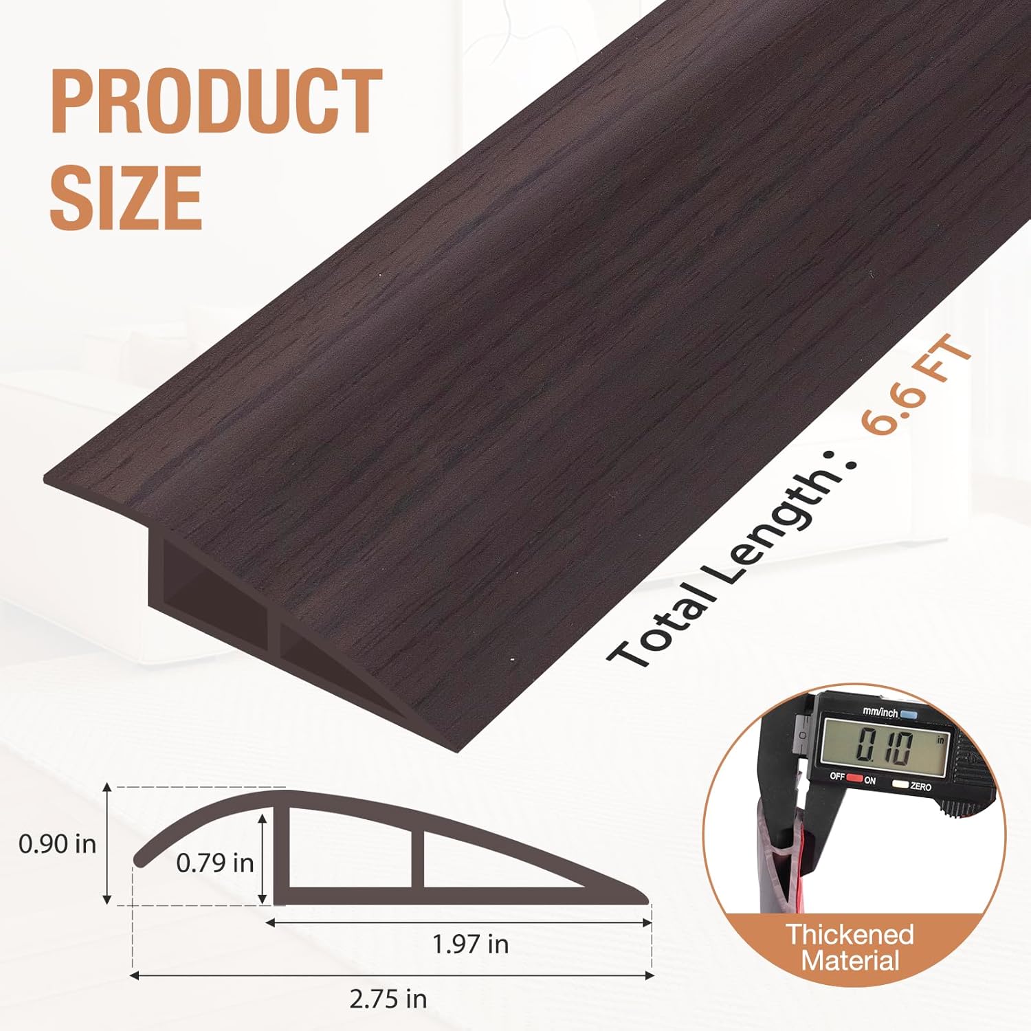 Floor Transition Strip Self Adhesive Vinyl Door Threshold for Doorways Carpet Edging Trim Overlap Edge Reducer for Laminate Floor, Carpet, Tile (Dark Walnut Grain, 3/5" to 4/5", 6.6Ft)