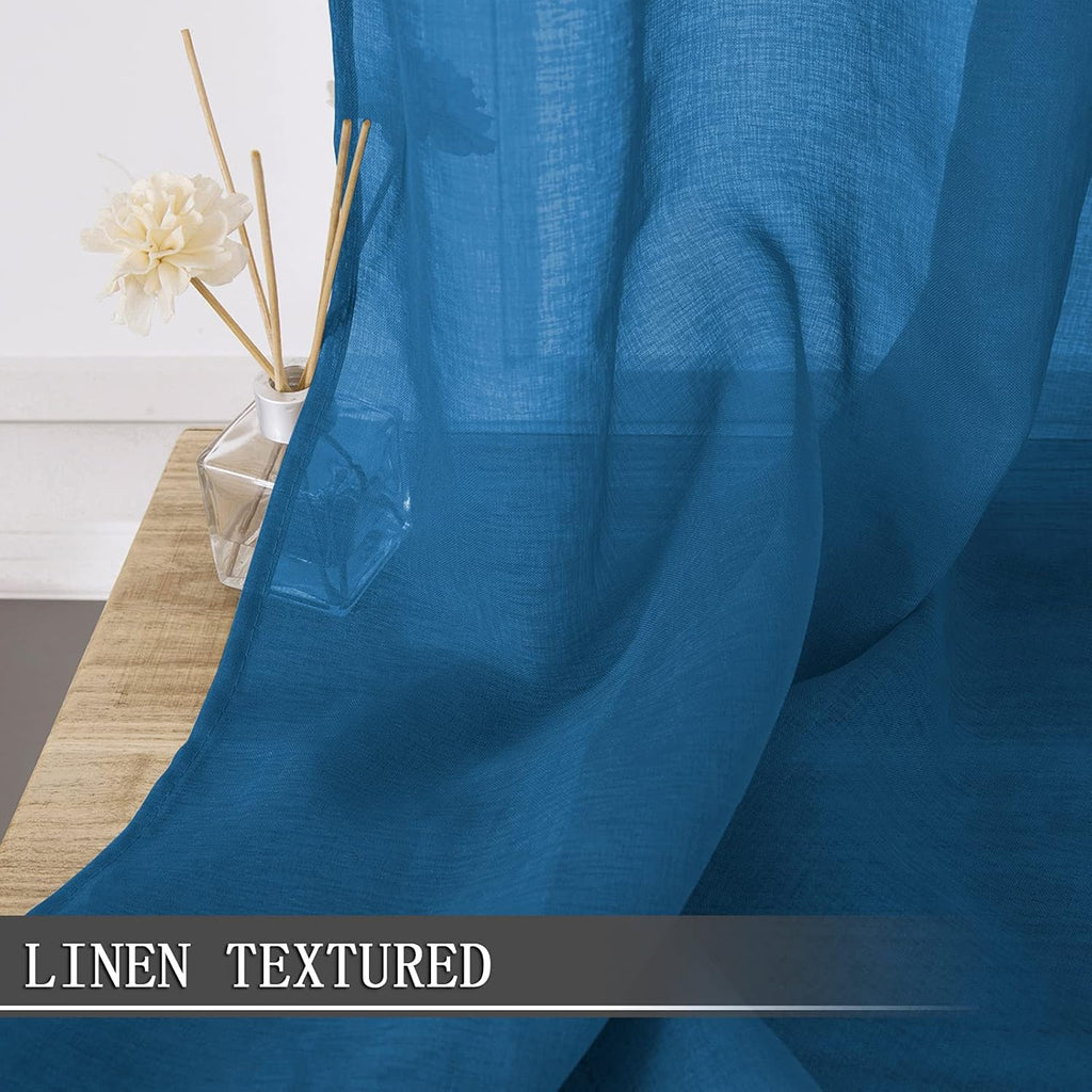 Tollpiz Short Sheer Tier Curtains Linen Textured Half Kitchen Curtain Sheers Light Filtering Rod Pocket Voile Small Curtain for Bathroom, 25 x 24 inches Long, Classic Blue, Set of 2 Panels