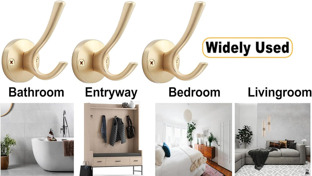 Gold Wall Hooks, 5 Pack Coat Robe Hook Heavy Duty Metal Double Bath Hook Wall Mounted, Hand Towel Hooks for Cubicle Bathroom Kitchen Closet Garage