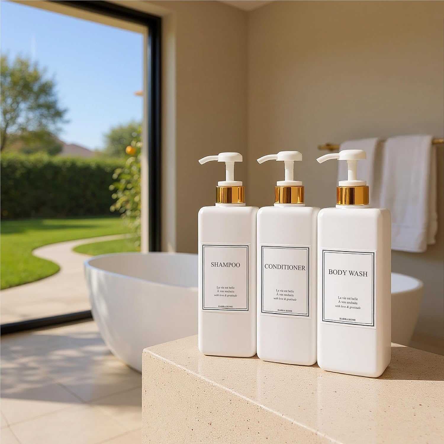 Modern Gold Design Large 27 oz Shampoo and Conditioner Dispensers - Empty Plastic Refillable Pump Bottle Set for Bathroom Shower Soap Dispenser, Set of 3 (White)