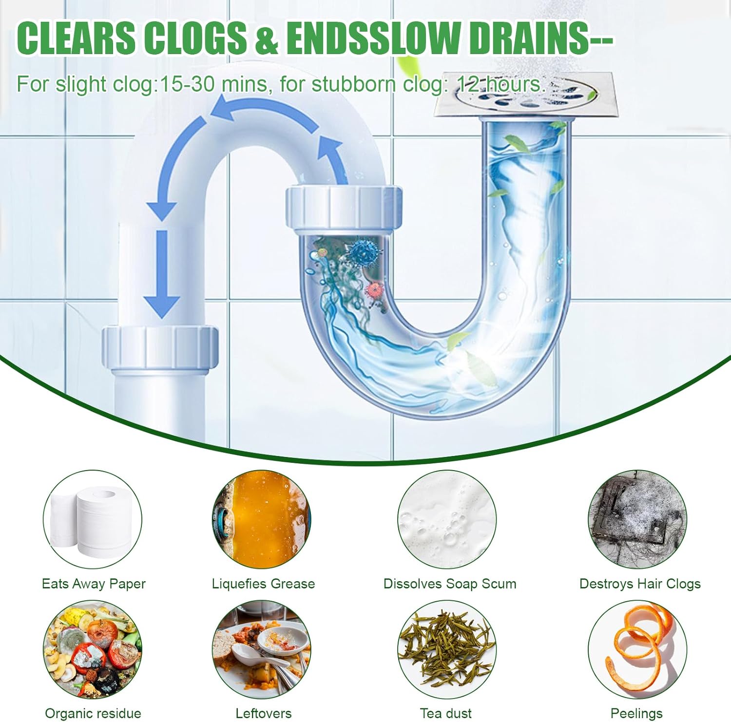 Drain Clog Remover Powder Sink Drain Cleaner for Hair and Grease, 18-Packs Heavy-Duty Powerful Kitchen Sink and Shower Unclogger, Pipe-Safe