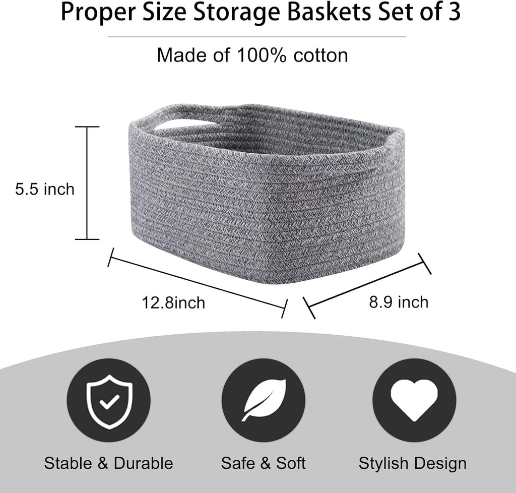 OIAHOMY Cotton Rope Baskets, Woven Baskets for Storage, Nursery Storage Baskets, Rectangle Storage Basket with Handles, Storage Baskets for Shelves, Pack of 3, Gray Variegated