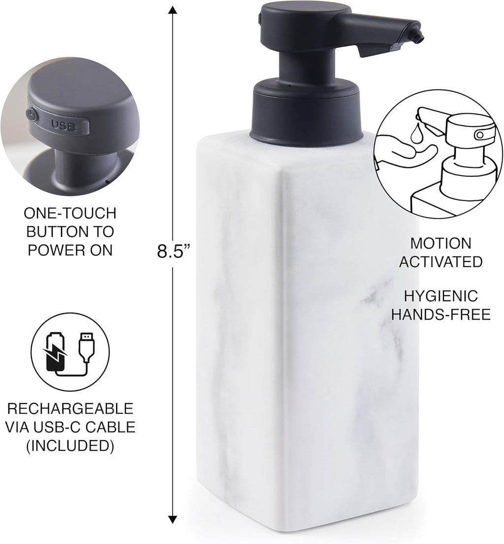 DKNY Hands Free Automatic Liquid Soap Dispenser, Refillable, Rechargeable Touchless Sensor Pump, Elegant Faux Marble Finish, 100% Resin, 1 Piece, 8.6" x 3", White