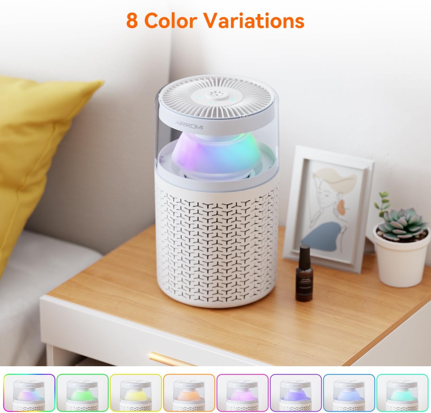 AIRROMI Air Purifiers for Bedroom Home,Up to 658 Ft²,Activated Carbon Filter Cleaner,With Fragrance Sponge for Better Sleep,Night Light,Pet Dander,Allergies,Smoke,Odor,Desktop Air Cleaner A2002 White