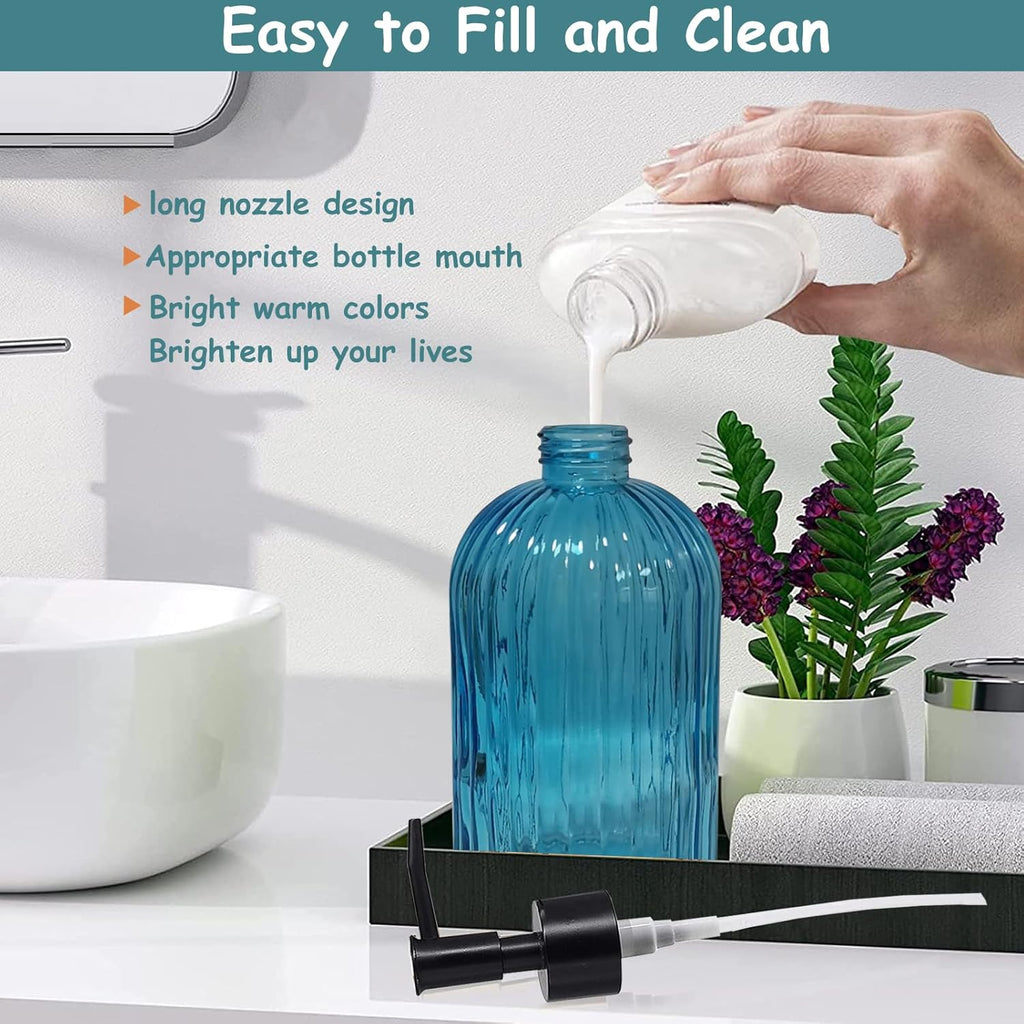 Blue Glass Soap Dispenser Set with Black Pump, 13.5oz Refillable Hand Dispenser, Lotion Dish Soap Dispenser for Modern Home Decor, Kitchen Countertop, Bathroom, Hotel