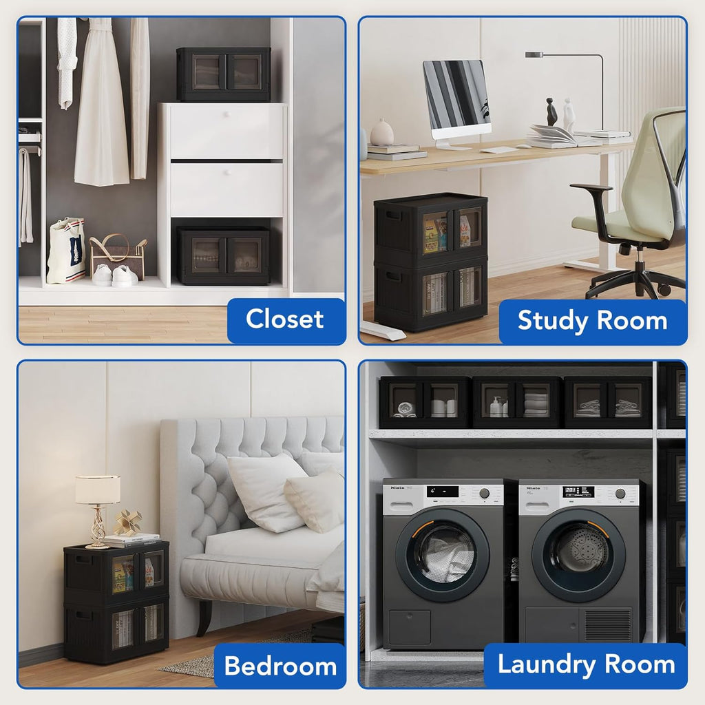 FLEXIMOUNTS 150 QT Stackable Storage Bins With Lids, Collapsible Plastic Storage Bins, Closet Organizers and Storage Containers with Doors and Built-in Wheels For Home, 4 Pack Cubes, Black