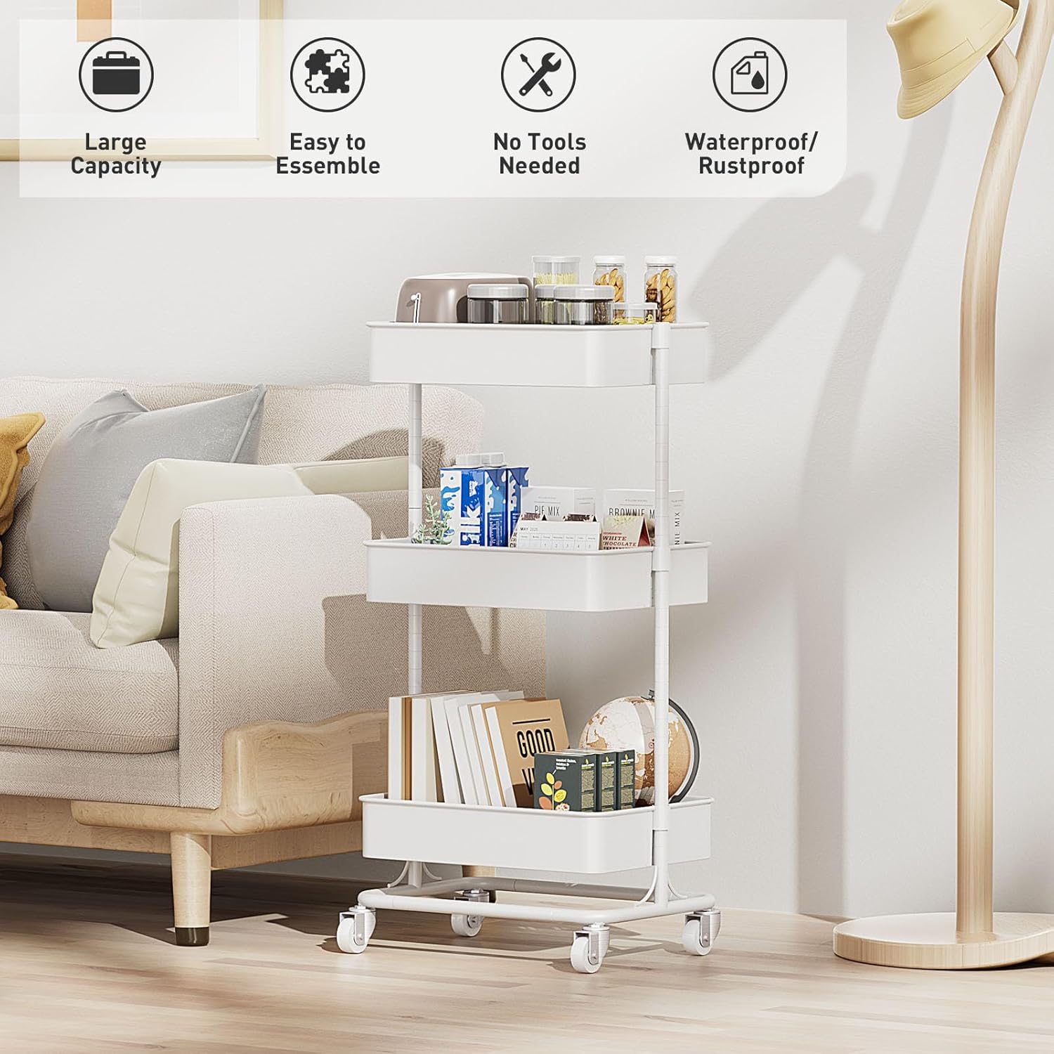 3 Tier Modern Metal Rolling Tool Cart with Silent Casters, 17.72×12.40×35.04 inch Heavy Duty Organization Truck Trolley Organizer for Office, Living Room, Kitchen, (White)