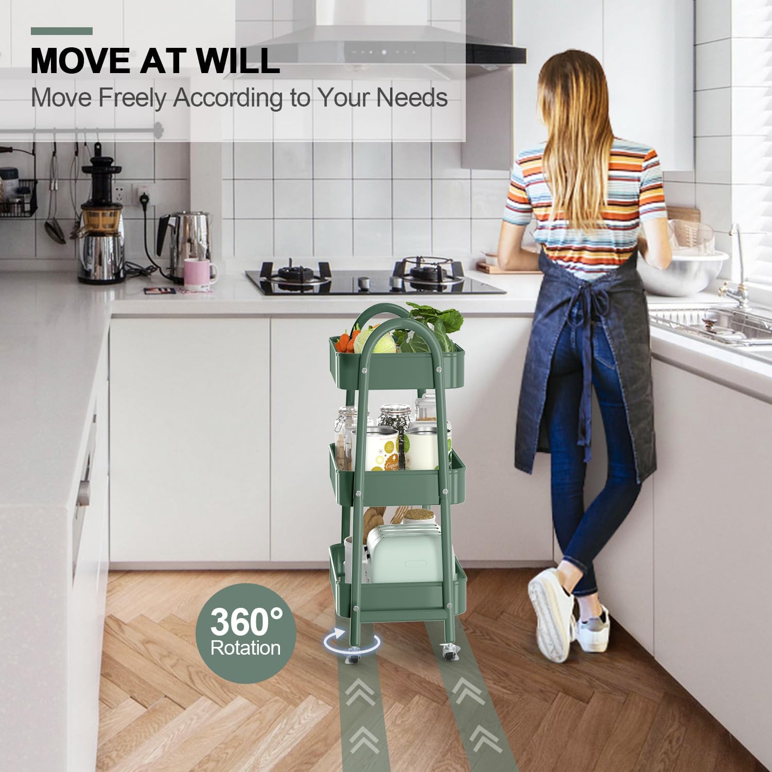 EAGMAK 3 Tier Utility Rolling Cart, Metal Storage Cart with Handle and Lockable Wheels, Multifunctional Storage Organizer Trolley with Mesh Baskets for Kitchen, Living Room, Office, Garage (Jungle)