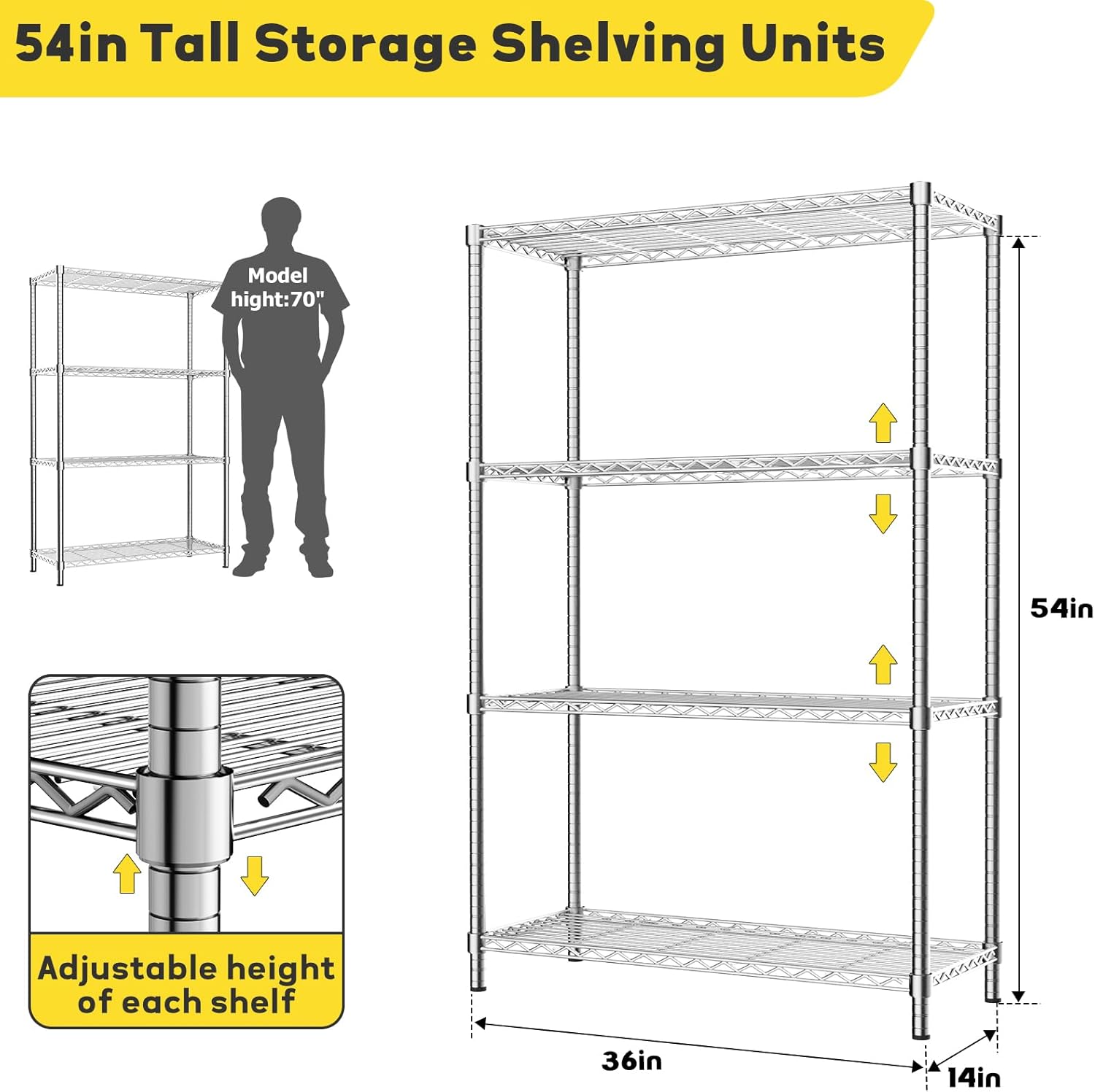 Storage Shelves, 36" L x 14" W x 54" H Heavy Duty Garage Wire Shelving Unit Loads 1400LBS, 4-Tier Adjustable Metal Industrial Utility Shelf Rack for Kitchen, Laundry Room, Basement