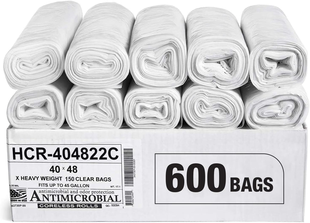 Aluf Plastics High Density Trash Bags, 45 Gallon, 600 Count, 22 Micron (eq), 40" x 48", Clear, for Bathroom, Office, Industrial, Commercial, Janitorial, Municipal, Recycling