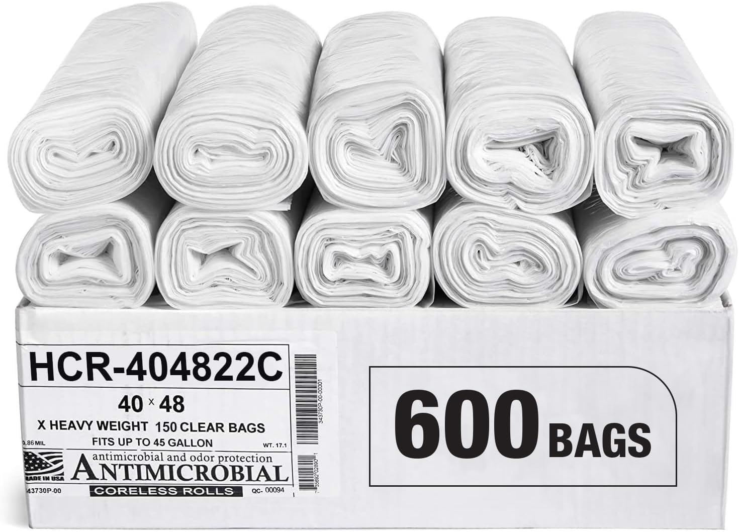 Aluf Plastics High Density Trash Bags, 45 Gallon, 600 Count, 22 Micron (eq), 40" x 48", Clear, for Bathroom, Office, Industrial, Commercial, Janitorial, Municipal, Recycling