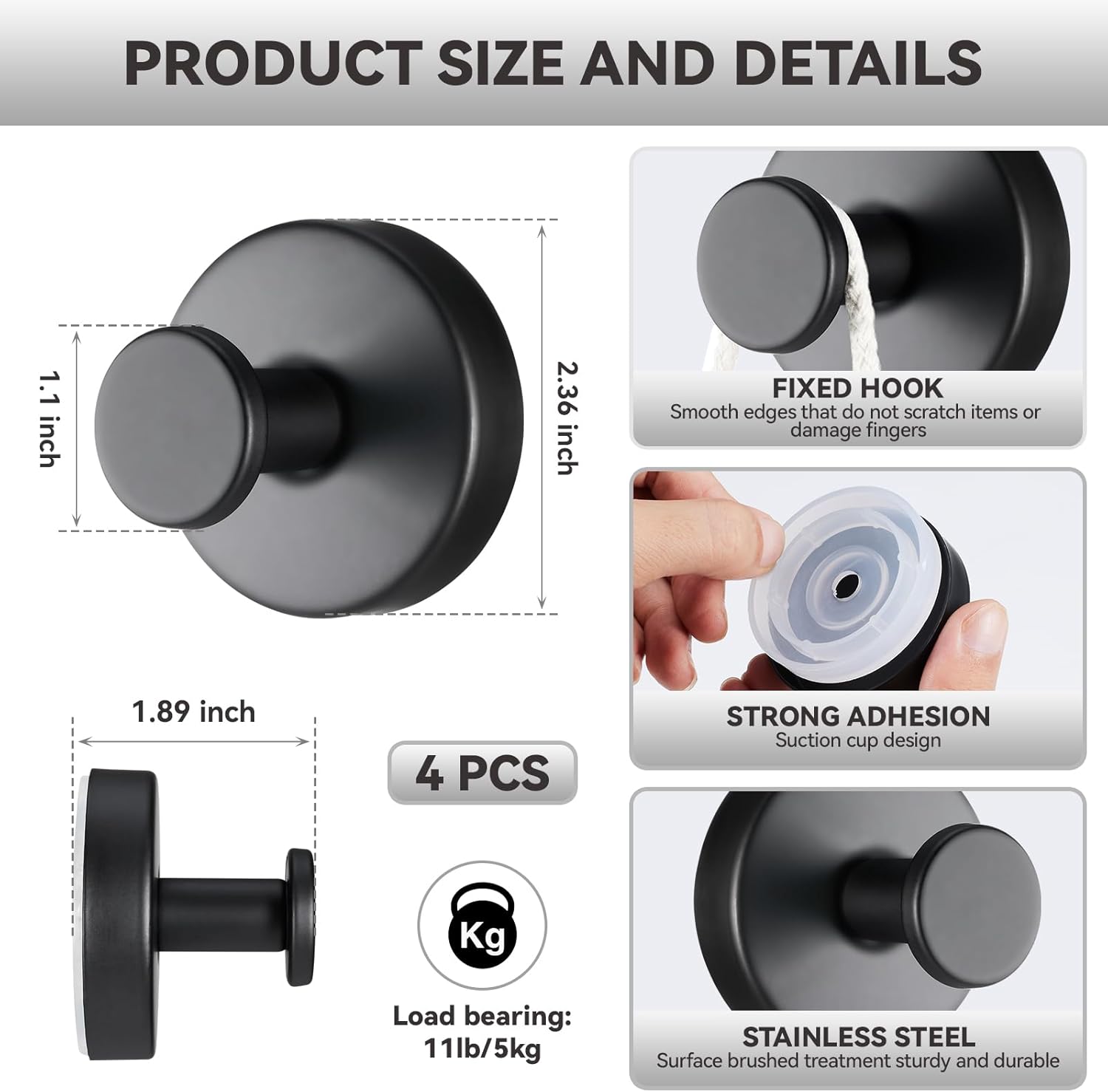 4 PCS Suction Cup Hooks for Shower, Stainless Steel No Drill Towel Hooks, Reusable Sticky Silicone Base for Bathroom Wall, Glass, Mirror, Tile to Hang Loofahs, Robes (Matt Black)